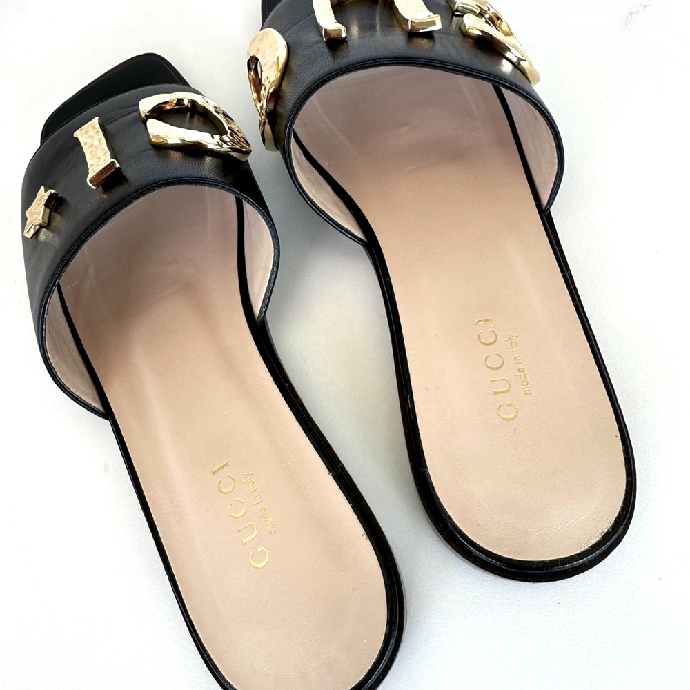 Authentic Gucci Black Sandals with Gold Metal Logo - Picture 3 of 7